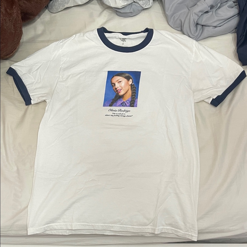 Olivia Rodrigo SOUR White T-Shirt with Blue Trim and Graphic